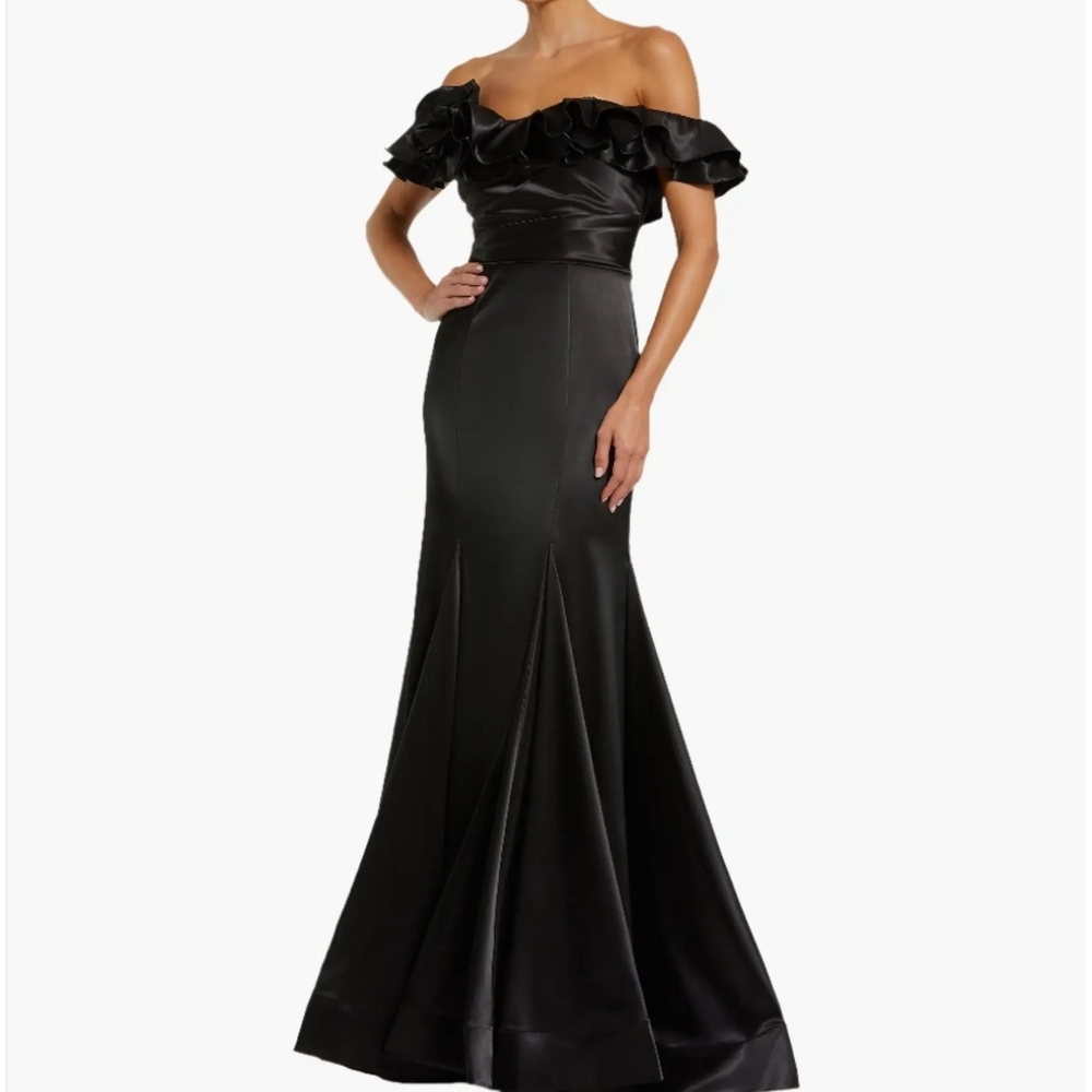 Mac Duggal Black Satin Ruffle Off the Shoulder Mermaid Dress, Size 8